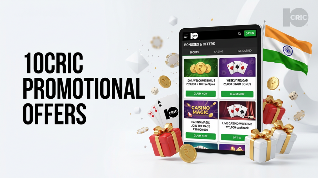 10Cric India bonus offers featuring welcome rewards, sportsbook promotions, casino bonuses, and real money gaming